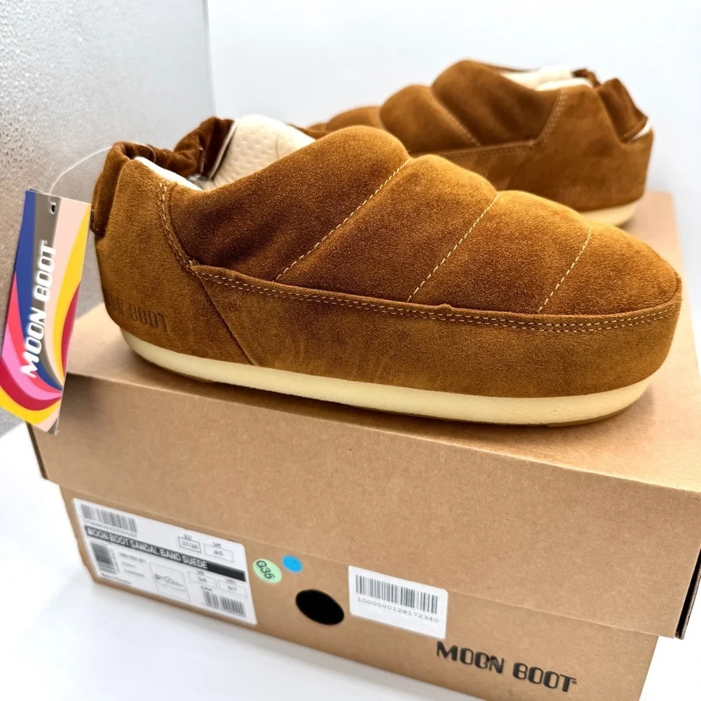 NWT Moonboot Suede Leather Slide Slippers Brown Cognac Unisex Shoes Brand New - Picture 6 of 16